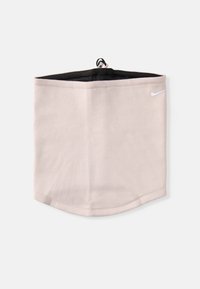 Gaiter de pescoço bege com um tecido macio e texturizado, interior preto, fundo arredondado e um logotipo Nike branco de um lado.