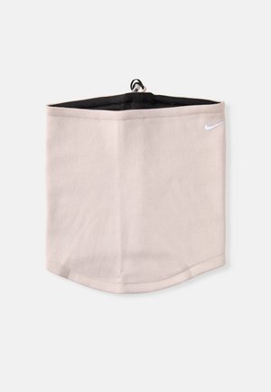 Beiger Halswärmer aus einem weichen, strukturierten Stoff mit schwarzem Innenfutter, gerundetem Abschluss und einem weißen Nike-Logo an der Seite.