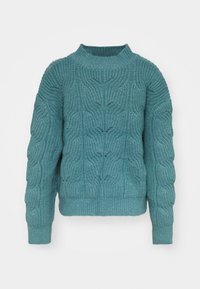 Maglione in maglia a trecce colore turchese. Presenta un collo rotondo, spalle abbattute e polsini e orlo a costine. Morbido, con un motivo a maglia testurizzato.
