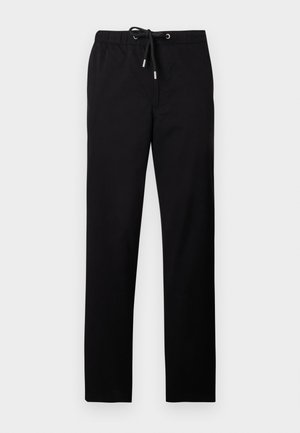 Sorte bukser laget av lett stoff, med elastisk midjebånd med snor, rette ben og sidelommer.