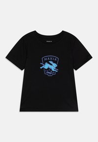 Svarte kortermede t-skjorter med en blå grafikk av en hoppende kanin innenfor et skjolddesign. Myk stoff med rund hals.