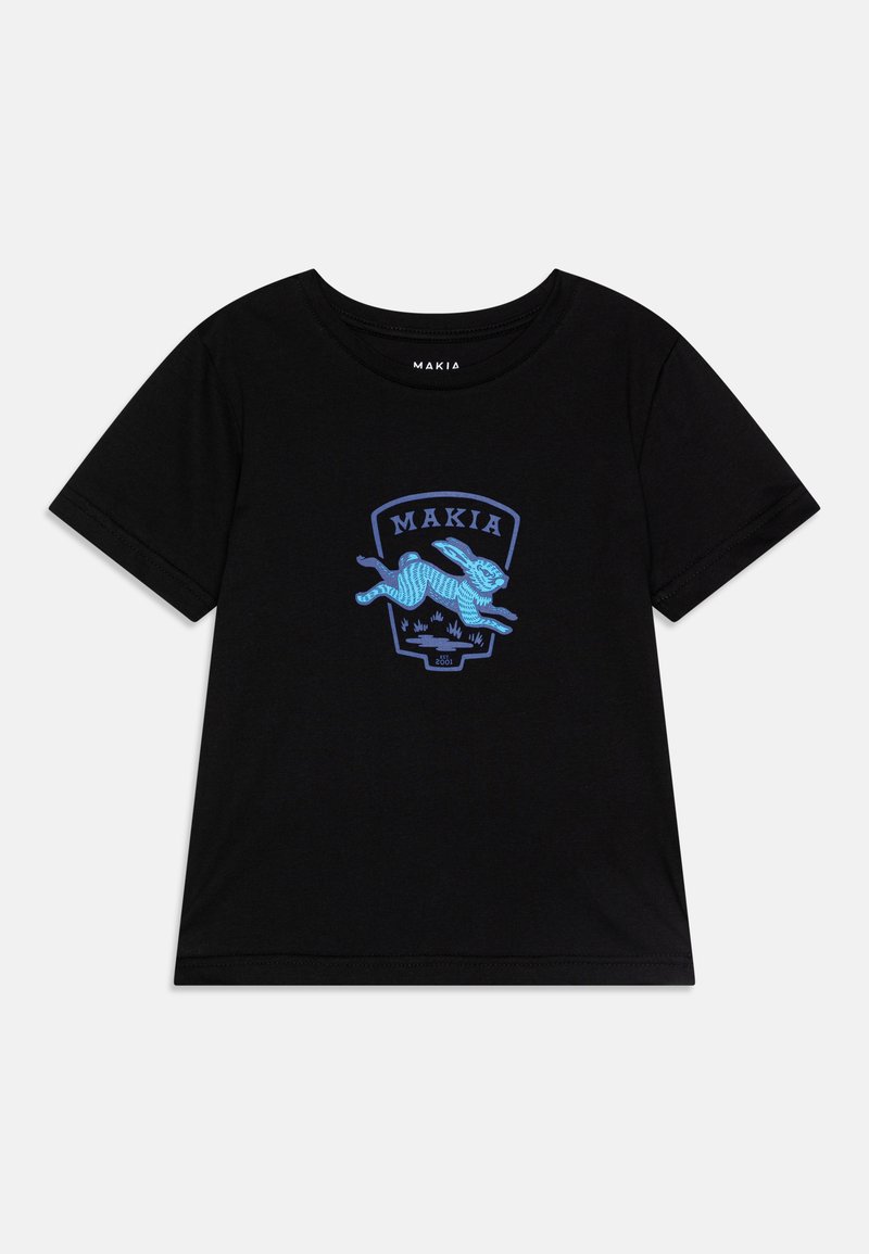 Svarte kortermede t-skjorter med en blå grafikk av en hoppende kanin innenfor et skjolddesign. Myk stoff med rund hals.