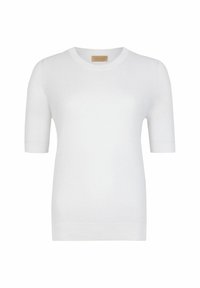 Hvid kortærmet strikket sweater med rund halsudskæring og en glat tekstur, med en subtil ribbede kant og ærmer.