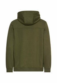 Un sweat à capuche vert olive avec un cordon de serrage, des poignets et un ourlet côtelés, une texture douce et un design sobre au dos sans logos ni embellissements visibles.