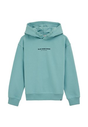 Ljusblå hoodie i mjukt tyg. Har en dragsko i huvan, ribbade ärmslut och nederkant, samt tryckt text "BLUE RIDGE DENIM" på framsidan.