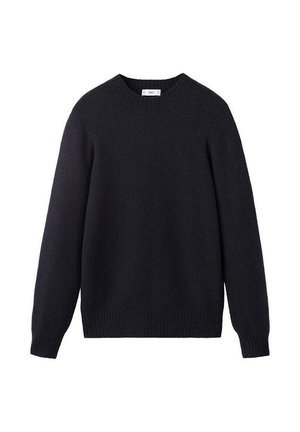 Suéter de cuello redondo en color navy, confeccionado con un suave material de punto. Presenta mangas largas, puños acanalados y un dobladillo recto. Sin patrones ni adornos visibles.