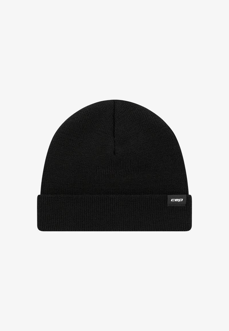 Black knitted beanie hat with folded cuff and small white "cep" logo tag on the cuff's side.