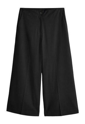 Pantalon noir à jambes larges avec fermeture à boutons à l'avant et poches latérales, longueur au genou, design simple.