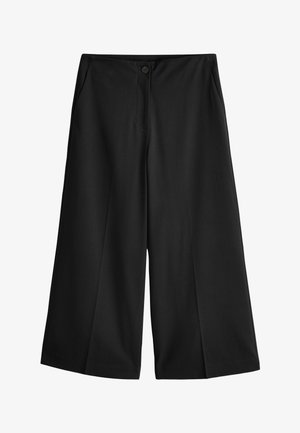 Pantalon noir à jambes larges avec fermeture à boutons à l'avant et poches latérales, longueur au genou, design simple.