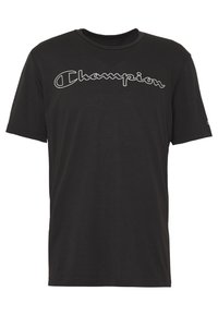 Black short-sleeve t-shirt with a round neckline and "Champion" logo text across the chest in outlined white letters.