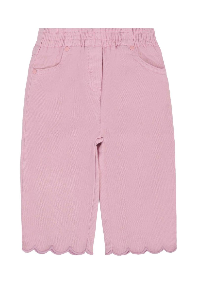 Shorts in denim rosa con vita elastica, caratterizzati da orli ondulati, due tasche anteriori e una superficie liscia.