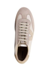Zapatilla con parte superior de ante beige y cuero blanco, cordones planos, punta redondeada y plantilla acolchada. Con un logotipo destacado en el interior.