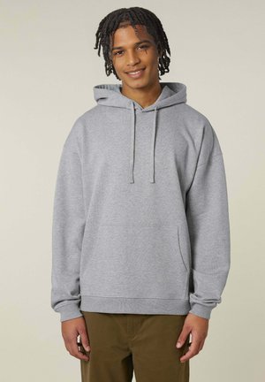 Grau Hoodie aus weichem Stoff mit einer Kängurutasche, Kapuze mit Kordelzug und gerippten Bündchen. Lockere Passform mit langen Ärmeln.