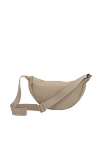 Borsa a tracolla in tessuto beige con tracolla regolabile e zip superiore, esposta su uno sfondo bianco.