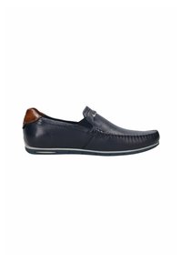 Granatowe buty wsuwane z teksturowanym plecionym przodem, gładką skórzaną cholewką, brązowym akcentem na pięcie i elastyczną gumową podeszwą.
