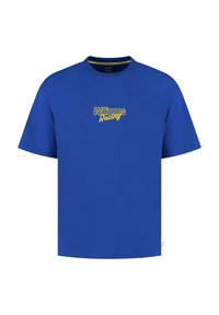 Niebieska bawełniana koszulka z krótkim rękawem, z żółtym logo "Williams Racing" na piersi. Okrągły dekolt, gładka tekstura.