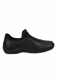 Black leather shoe with a rounded toe, elastic side panels, and a zippered closure. Features a textured surface and a rubber sole.
