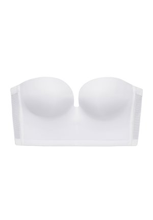 White strapless bra with smooth molded cups and wide side panels for support, shown on a white background.