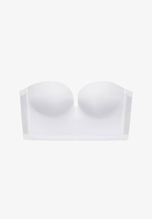 White strapless bra with smooth molded cups and wide side panels for support, shown on a white background.