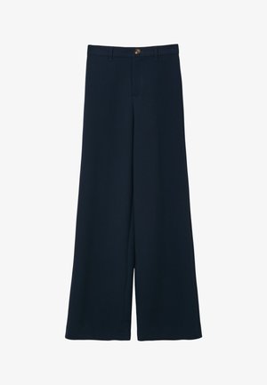 Pantalon large bleu marine avec fermeture boutonnée à l'avant et passants pour ceinture, présenté sur un fond blanc.