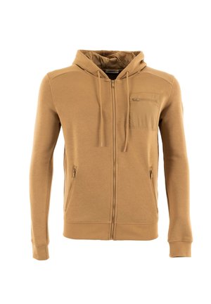 Sudadera con capucha y cremallera en tejido color beige. Cuenta con un bolsillo frontal y dos bolsillos laterales con cremallera. Textura suave con puños y dobladillo acanalados.