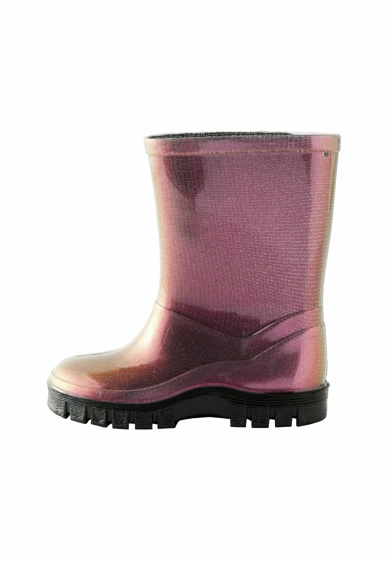Botte à la cheville transparente et brillante en violet irisé avec une finition texturée. Elle possède une semelle noire en caoutchouc durable avec une bonne adhérence.
