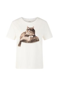 Weißes Baumwoll-T-Shirt mit einem gedruckten Bild einer Katze mit Brille, die auf einem gemusterten Kissen liegt. Kurzärmliges Design mit Rundhalsausschnitt.