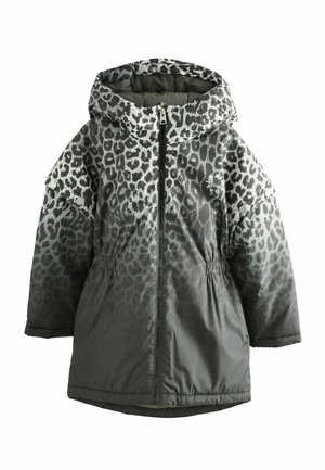 Giacca puffer con stampa leopardata grigia, dotata di cappuccio, vita cintrata, zip frontale e marchio a contrasto lungo la zip. Tessuto liscio.