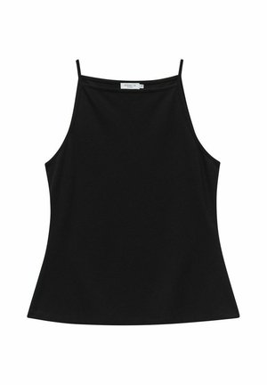Débardeur noir sans manches avec des bretelles fines, présentant un décolleté droit et une coupe légèrement fluide, fabriqué en tissu lisse.