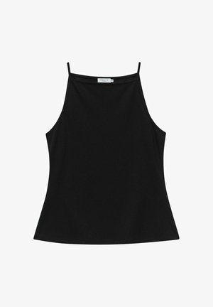 Zwarte mouwloze tanktop met dunne bandjes, met een rechte halslijn en een subtiele vloeiende vorm, gemaakt van een gladde stof.