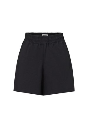 Sorte shorts med elastisk talje, sidelommer, knælængde og løs pasform, vist mod en hvid baggrund.
