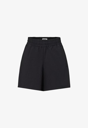 Sorte shorts med elastisk talje, sidelommer, knælængde og løs pasform, vist mod en hvid baggrund.