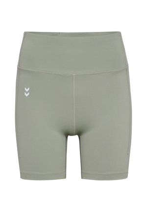 Groene sportshorts van rekbaar materiaal, met een hoge taille, een gladde textuur en een wit chevronlogo aan de linkerkant.