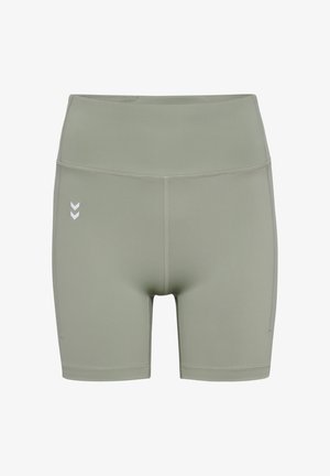 Gröna sportshorts tillverkade av elastiskt material, med en hög midja, slät textur och en vit chevronlogotyp på vänster sida.