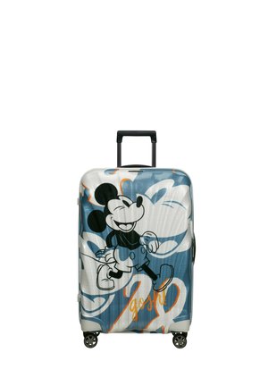 Hard-shell suitcase with a blue and white design featuring Mickey Mouse. Includes a retractable handle and four spinner wheels for mobility.