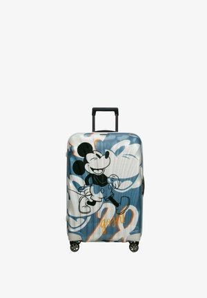 Hard-shell suitcase with a blue and white design featuring Mickey Mouse. Includes a retractable handle and four spinner wheels for mobility.