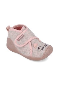 Pantofole grigie con accenti rosa, dotate di una cinghia in Velcro e dettagli ricamati a forma di viso di gatto. Suola in gomma per aderenza.