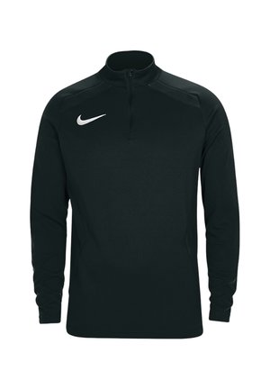 Schwarzes Sportoberteil mit langen Ärmeln, Viertelreißverschluss und weißem Nike Swoosh-Logo auf der linken Brust.