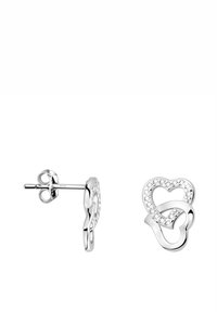 Boucles d'oreilles en argent en forme de cœur avec un design torsadé, ornées d'un anneau de cristaux transparents le long du bord extérieur. Fermoir à tige.