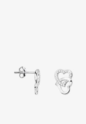 Orecchini a forma di cuore in argento caratterizzati da un design spirale con un anello di cristalli trasparenti lungo il bordo esterno. Chiusura a perno.