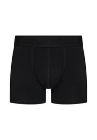 Black boxer briefs made from soft fabric. Features a broad waistband with embossed branding and a contoured pouch design.