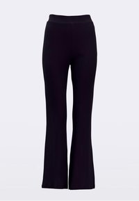 Sorte ribstrikkede udvidede bukser med en høj talje, der har lodrette linjer og en glat tekstur, designet til en tætsiddende silhuet.