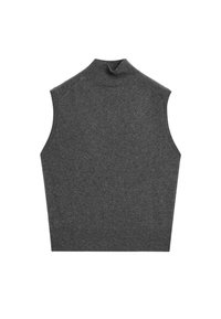 Graues, ärmelloses Rollkragenoberteil mit einem hohen Kragen, das eine weiche Textur und eine enganliegende, trapezförmige Silhouette aufweist.