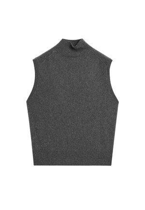 Šedý bezrukávový rolák s vysokým límcem, který má jemnou texturu a přiléhavý, trapezoidní siluetu.