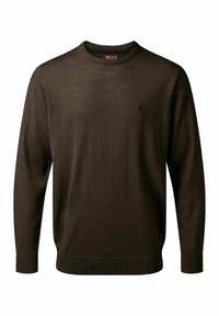 Temno rjav pleten pulover z okroglim izrezom, dolgimi rokavi, rebrastimi manšetami in majhnim logotipom na prsih. Gladka tekstura.