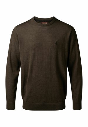 Tummanruskea neulepusero, jossa on pyöreä kaula-aukko, pitkät hihat, ribbineulotut hihansuut ja pieni logoyksityiskohta rinnassa. Sujuva pinta.