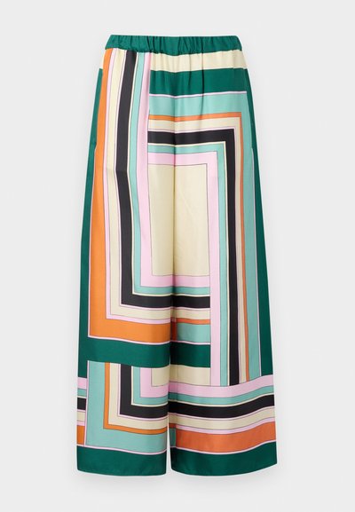 Wide-leg trousers in silk blend featuring a colorful geometric pattern with stripes in green, orange, pink, and black. Elastic waistband.