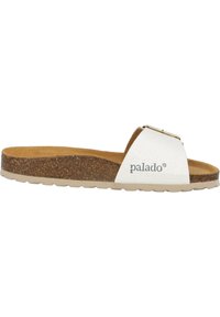 White clogs with a cork footbed and textured upper. Features a metallic buckle and a lightweight, rubber outsole for traction.