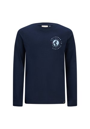 Marineblauwe long-sleeve t-shirt van katoen. Beschikt over een ronde graphic op de borst met de tekst "Amsterdam naar New York." Eenvoudig ontwerp.