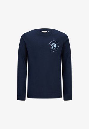 Marineblauwe long-sleeve t-shirt van katoen. Beschikt over een ronde graphic op de borst met de tekst "Amsterdam naar New York." Eenvoudig ontwerp.